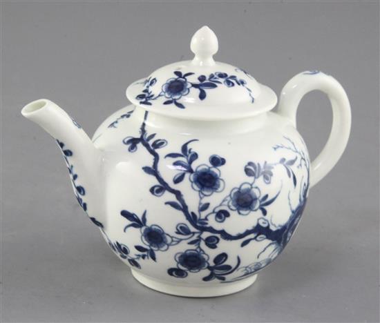 A rare Worcester Prunus Root pattern blue and white miniature teapot and cover, c.1760-5, height 10cm